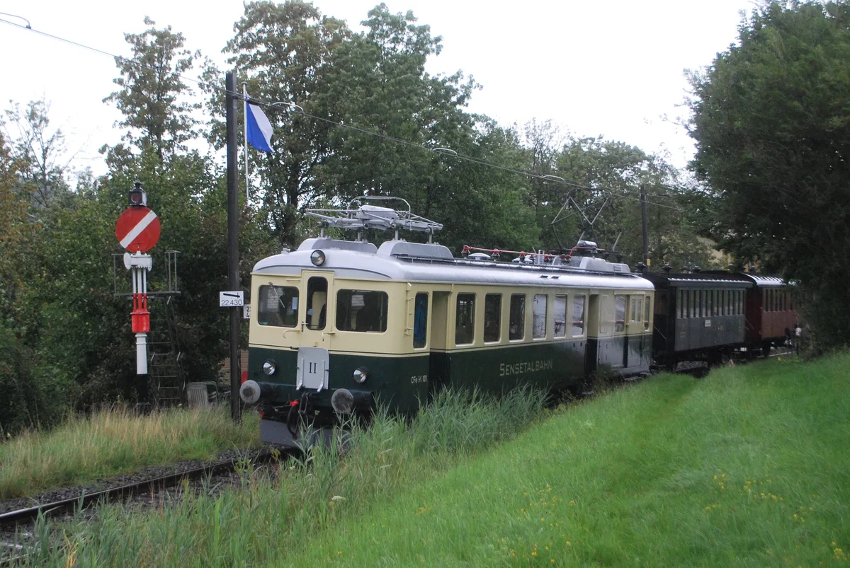 Der Triebwagen 101 der Sensetalbahn unterwegs im Grünen.